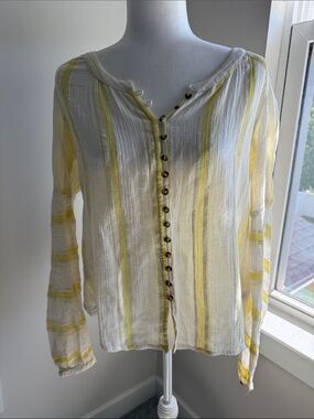 Lightweight White and Yellow Striped Button-Front Peasant Top